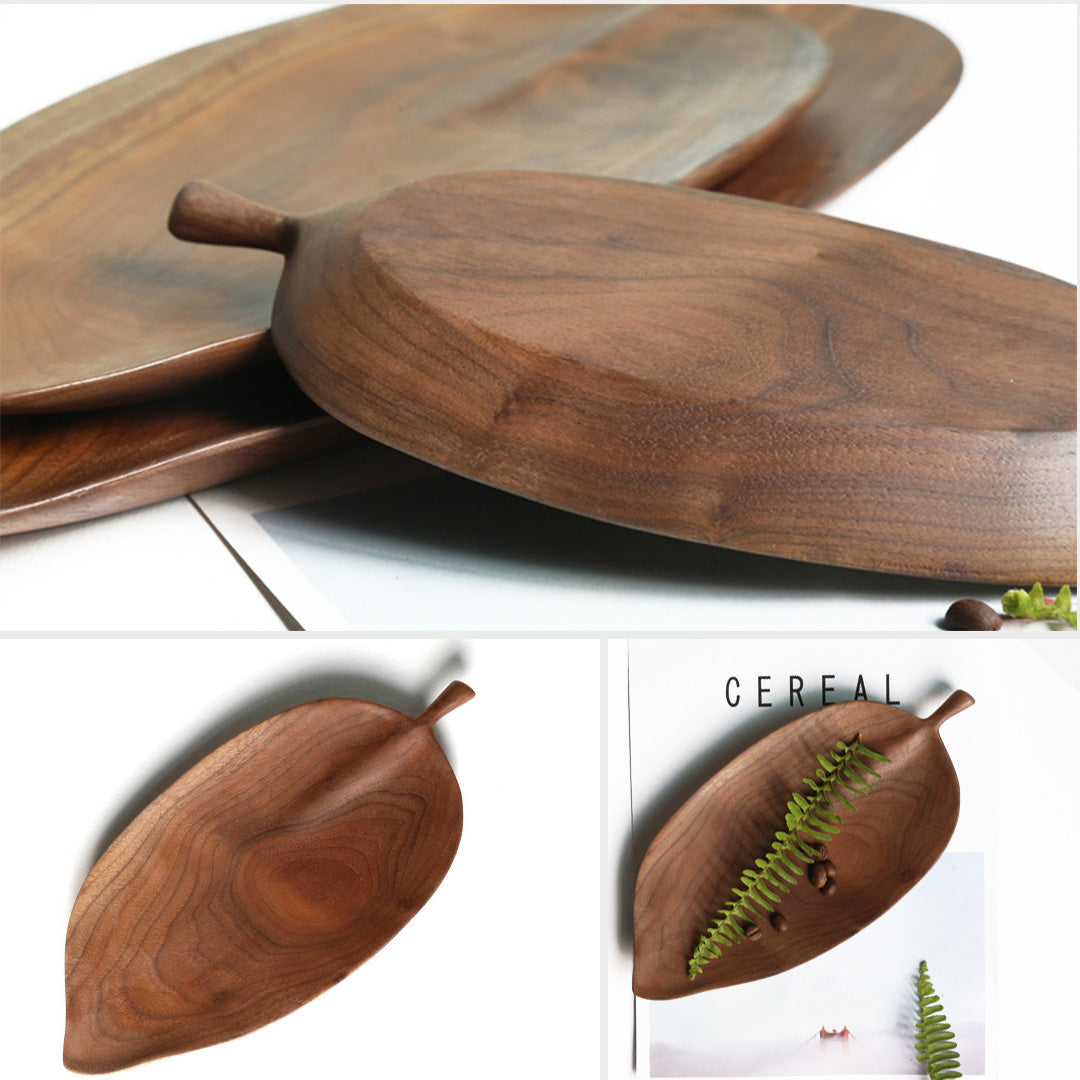 Set of 2 Walnut Leaf-Shaped Wooden Trays