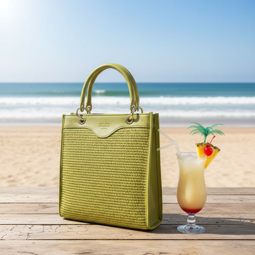 RB1026CM  | Borsa Donna a mano verticale in Vera Pelle e Paglia Made in Italy. Tracolla removibile e regolabile in pelle. Accessori Oro Lucido - Colore Pistacchio - Dimensioni: cm 24 x 29 x 9-0