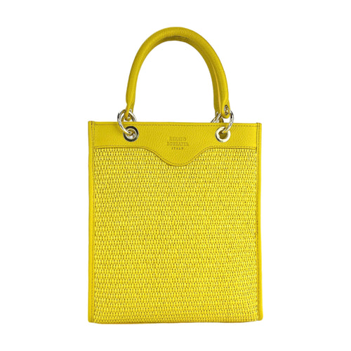 RB1026R  | Borsa Donna a mano verticale in Vera Pelle e Paglia Made in Italy. Tracolla removibile e regolabile in pelle. Accessori Oro Lucido - Colore Giallo - Dimensioni: cm 24 x 29 x 9-1