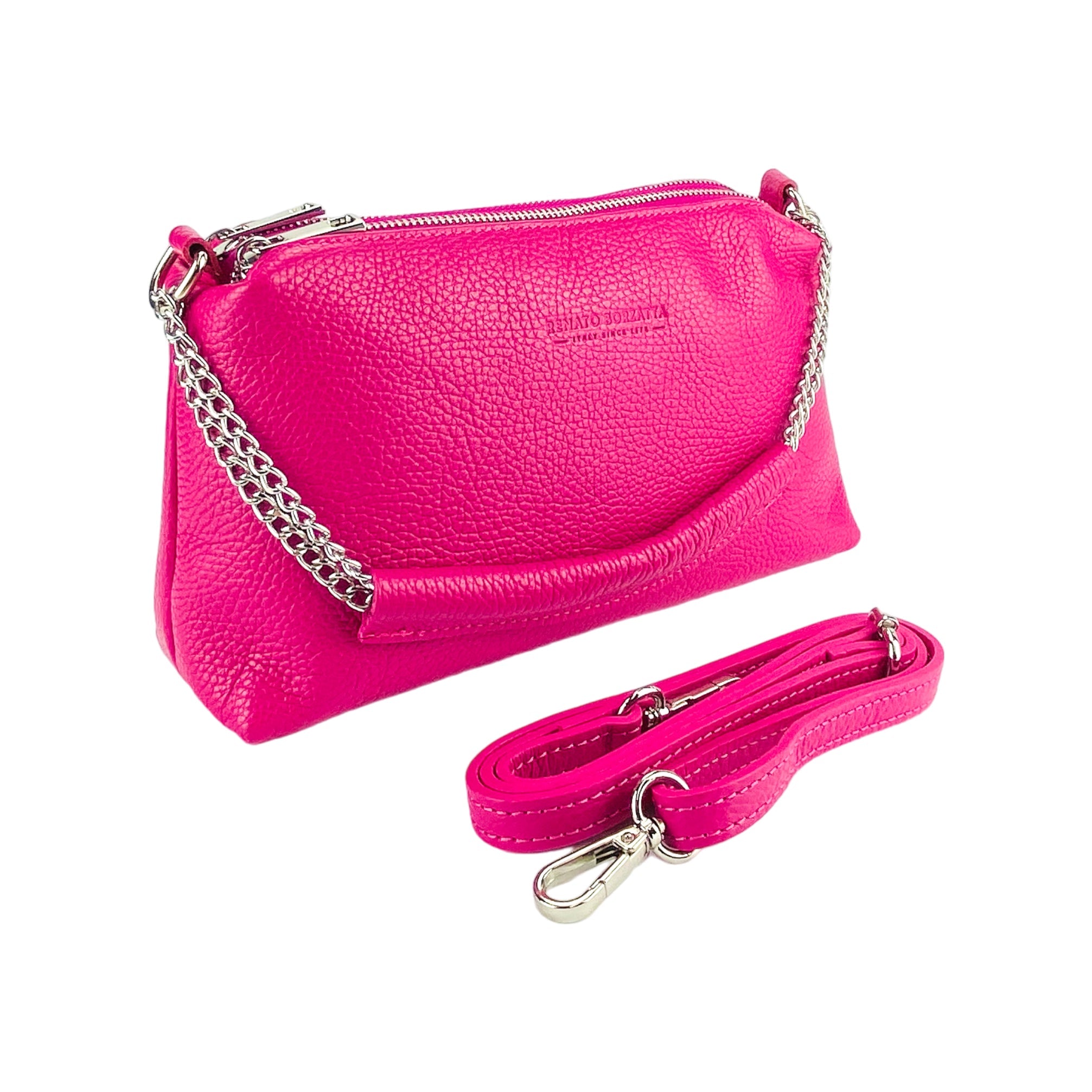 RB1025BE  | BAria – Italian Leather Handbag with Double Zip & Chain Handle - Fuchsia- Dimensioni: cm 26 x 14 x 9-0