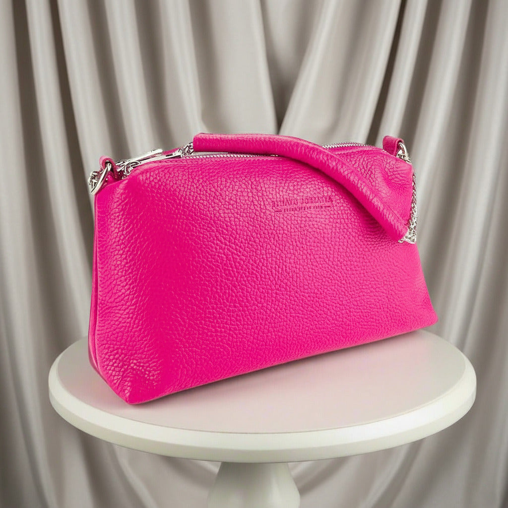 RB1025BE  | Aria – Italian Leather Handbag with Double Zip & Chain Handle - Fuchsia- Dimensioni: cm 26 x 14 x 9-0