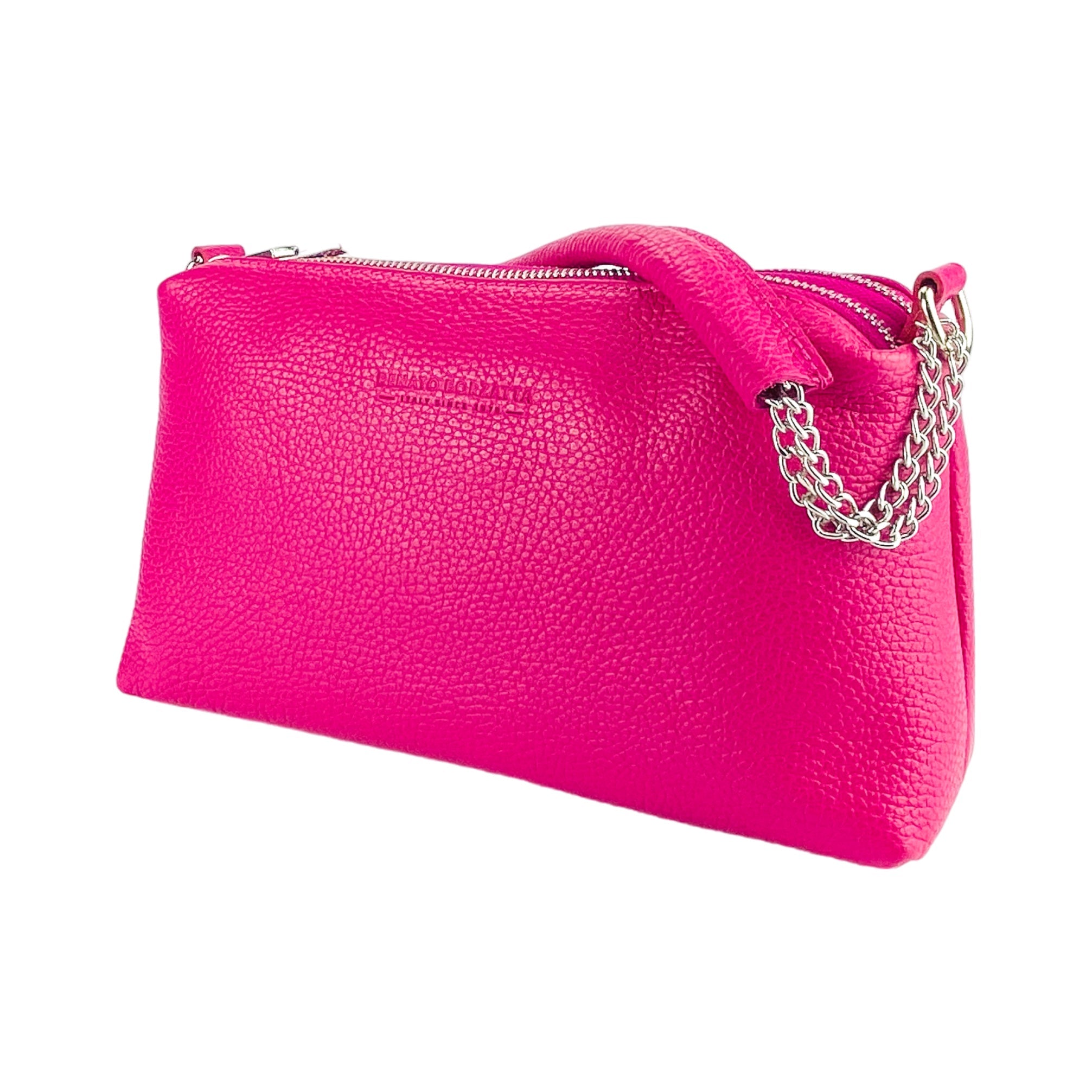 RB1025BE  | Aria – Italian Leather Handbag with Double Zip & Chain Handle - Fuchsia - Dimensioni: cm 26 x 14 x 9-2