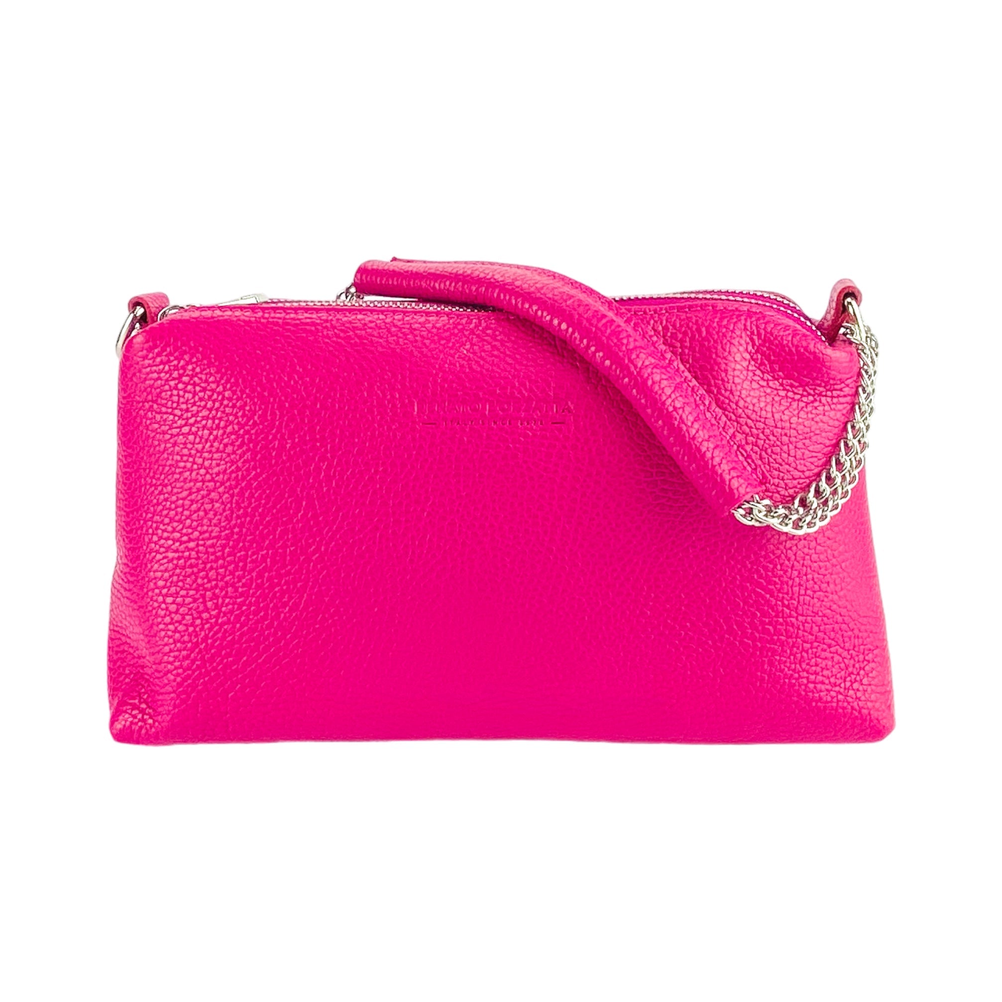 RB1025BE  | Aria – Italian Leather Handbag with Double Zip & Chain Handle - Fuchsia- Dimensioni: cm 26 x 14 x 9-3