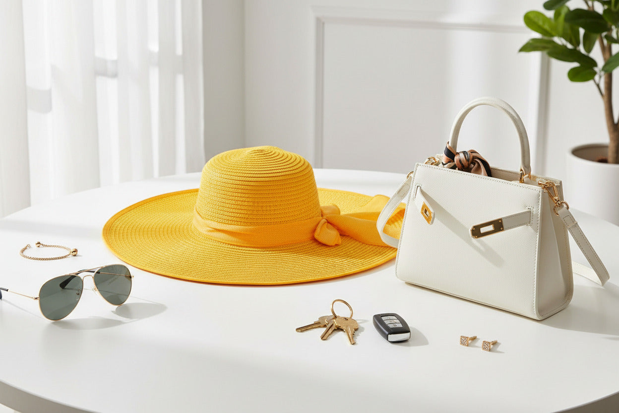 Yellow sun hat with a wide brim and decorative bow on a white table with a bag, sunglasses keys and earrings