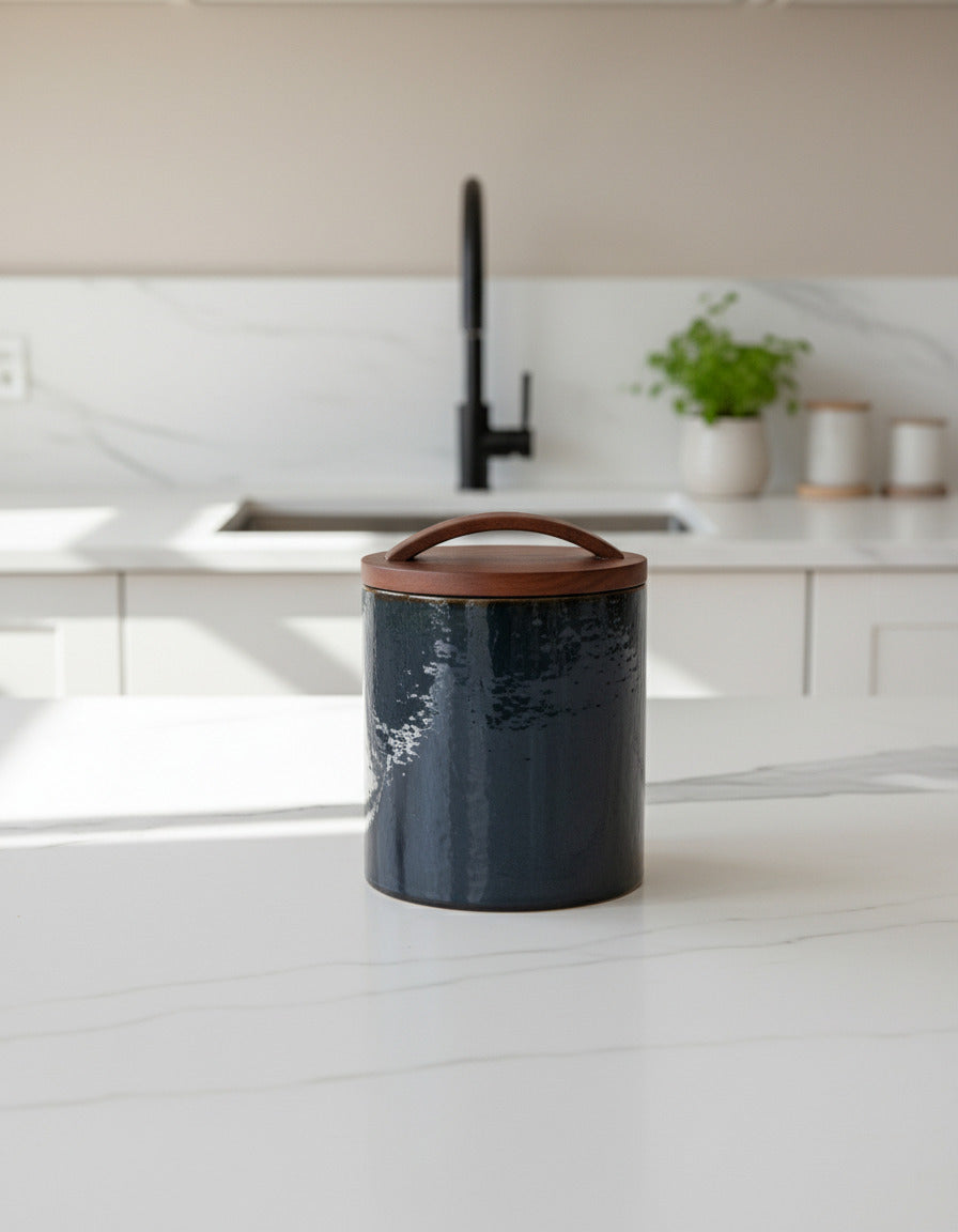 Caldera Hammered Glass Canisters with Wood Lid - Medium