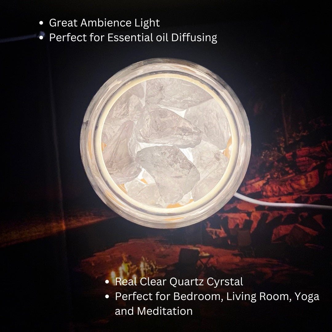 Crystal light diffuser with text highlighting its use for essential oil diffusing and various settings.