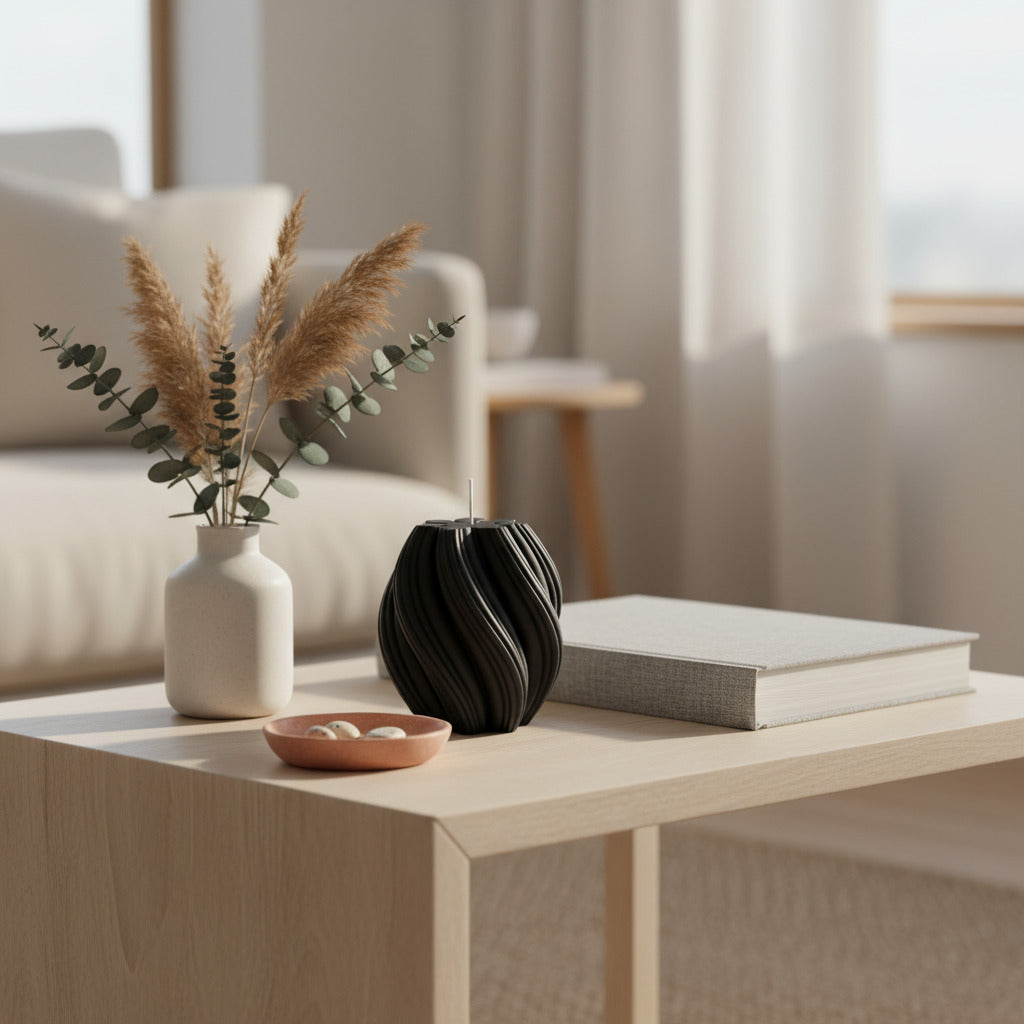 Black textured candle on a table