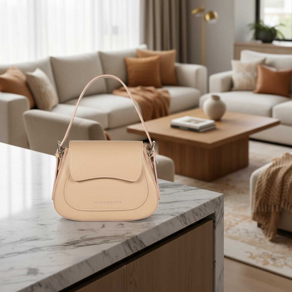 RB1030AL | Borsa Donna a Spalla EMMA con pattina in Vera Pelle Made in Italy. Accessori in metallo Argento Lucido - Colore Beige - Dimensioni: cm 24 x 18 x 9 + 14,5 (Luce manico)-0
