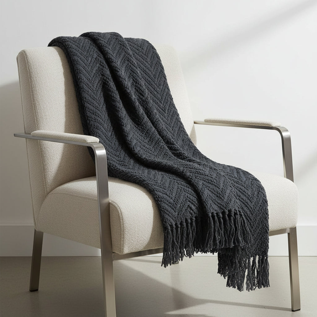 Ezra Chevron Knitted Throw - Charcoal