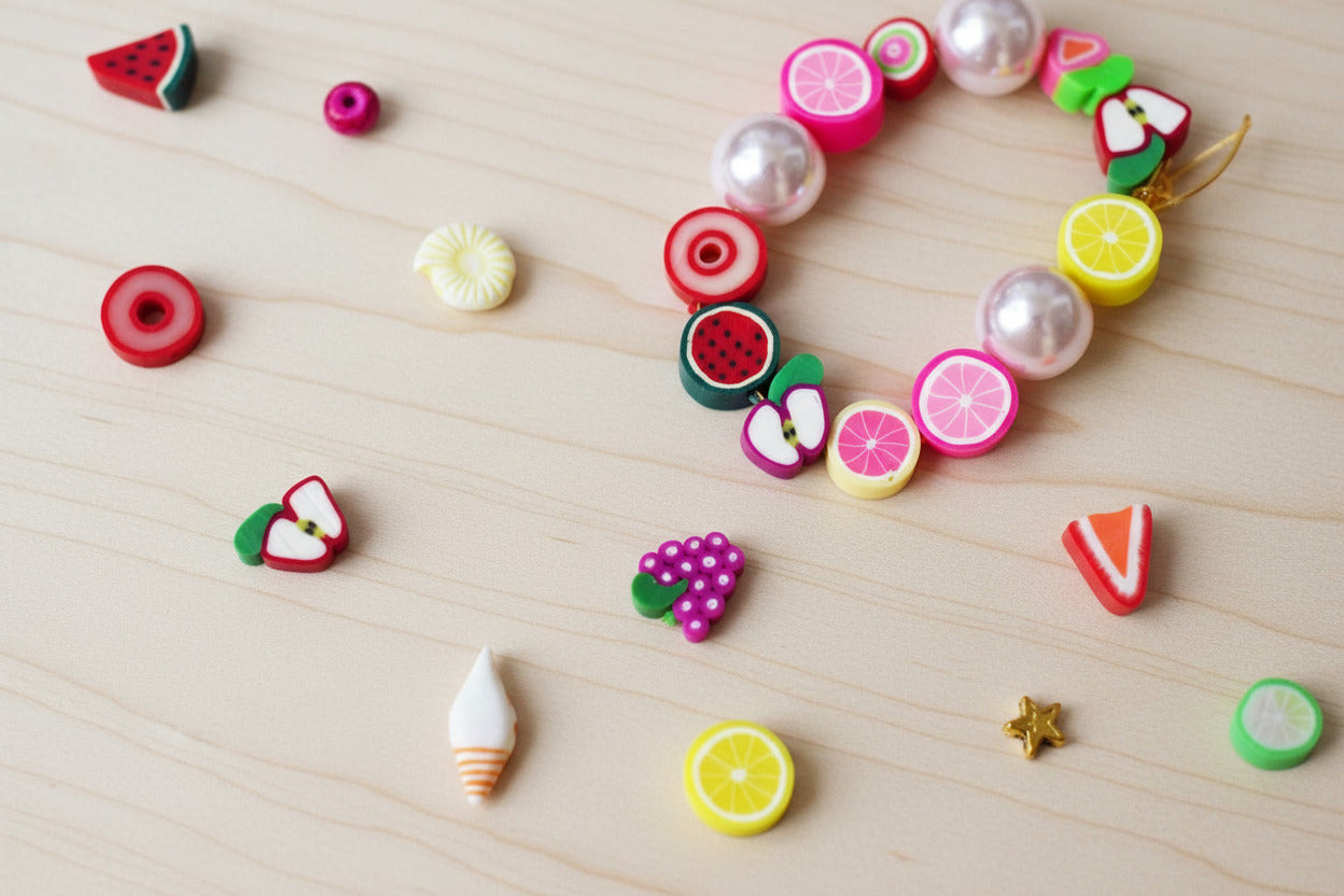 Colorful candy and fruit-shaped decorations on a table
