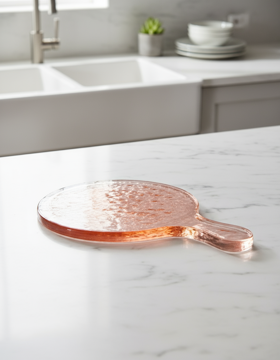 Blush pink paddle-shaped cutting board on a marble countertop