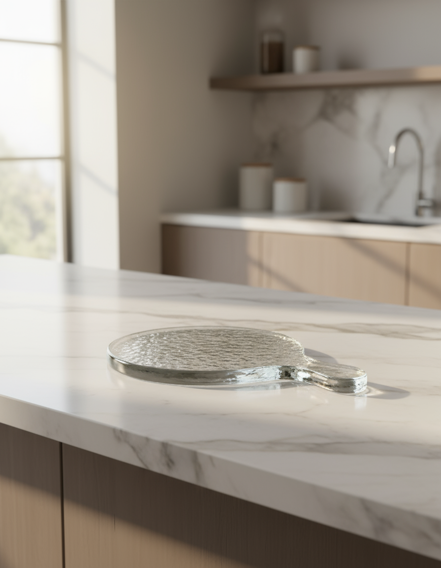 Clear glass paddle with handle on a white background