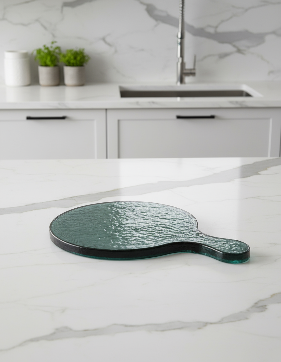 Green cutting board on a marble countertop with a kitchen background