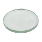Clear, round glass coaster on a white background