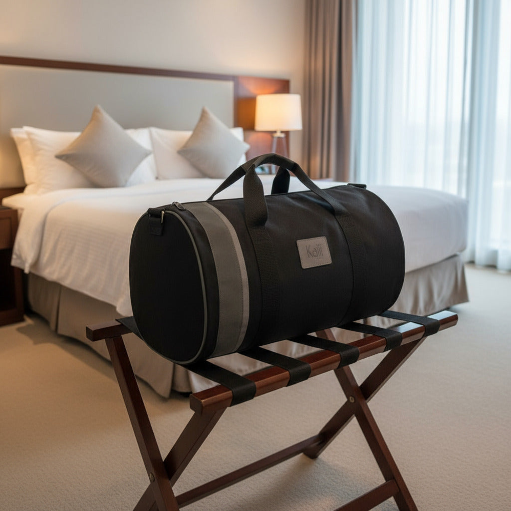 K2006AF | Borsone da Viaggio in Canvas di Cotone 100% /Vera Pelle, pieno fiore, Naked - Colore Nero, chiusura con lampo. Dimensioni: cm 45 x 25 x 28 - Confezione: Sacchetto in Tnt-0