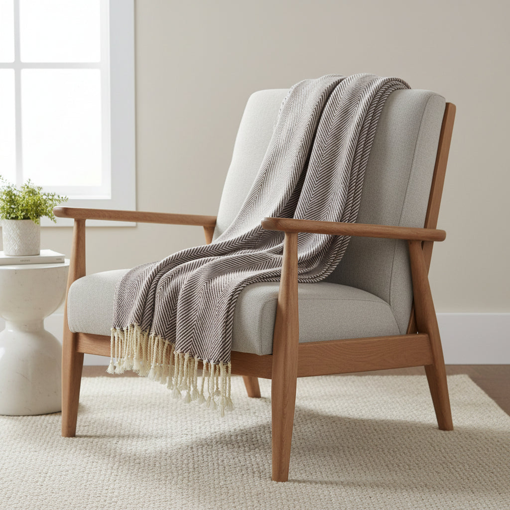 Herringbone Acrylic Throw with Fringe - Heather