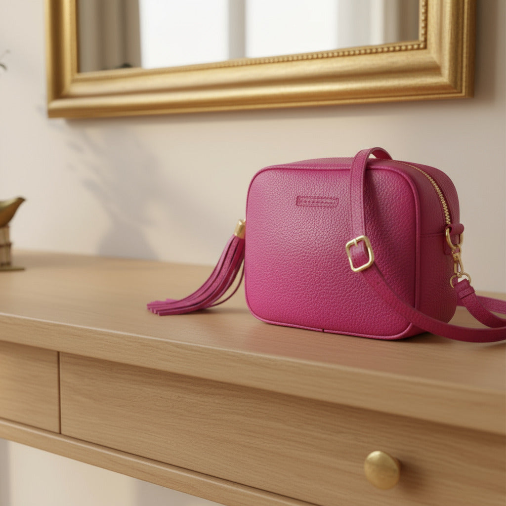 RB1007BE | Tracollina  Donna in Vera Pelle Made in Italy.Tracolla removibile. Attacchi con moschettoni in metallo Oro Lucido - Colore Fuxia - Dimensioni: cm 20 x 15 x 7-0