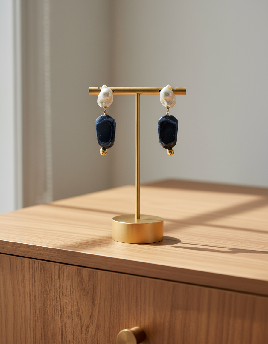 Pair of earrings with blue and white stone drops on a dresser