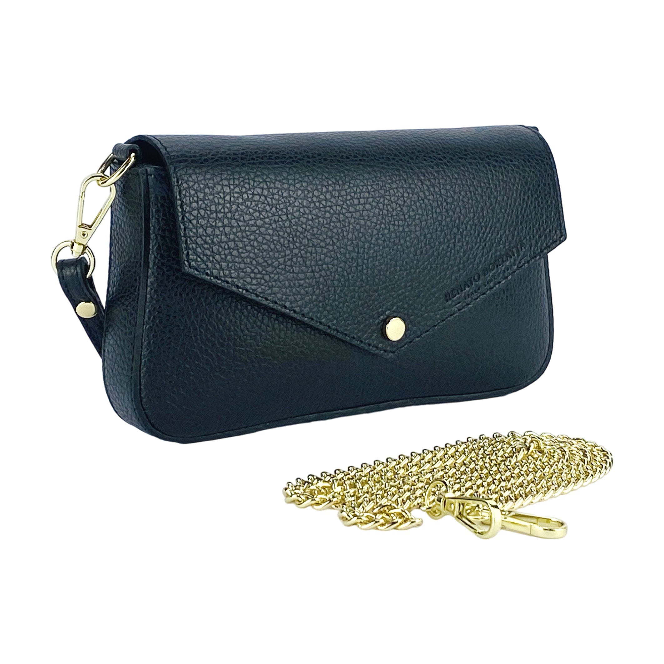 RB1023A | Lina – Italian Leather Mini Shoulder Bag with Gold Chain Strap - Black- Colore Nero - Dimensioni: cm 22 x 12 x 3-2
