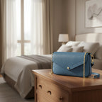 RB1023P | Borsa piccola a Spalla con Tracolla a catena removibile in Vera Pelle Made in Italy. Pattina di Chiusura. Accessori in metallo Oro Lucido - Colore Avio - Dimensioni: cm 22 x 12 x 3-0