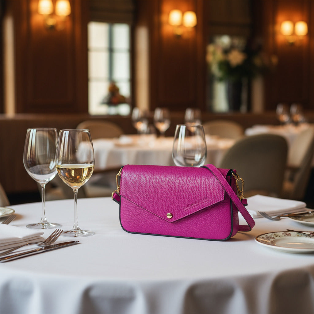 RB1023BE | Borsa piccola a Spalla con Tracolla a catena removibile in Vera Pelle Made in Italy. Pattina di Chiusura. Accessori in metallo Oro Lucido - Colore Fuxia - Dimensioni: cm 22 x 12 x 3-0