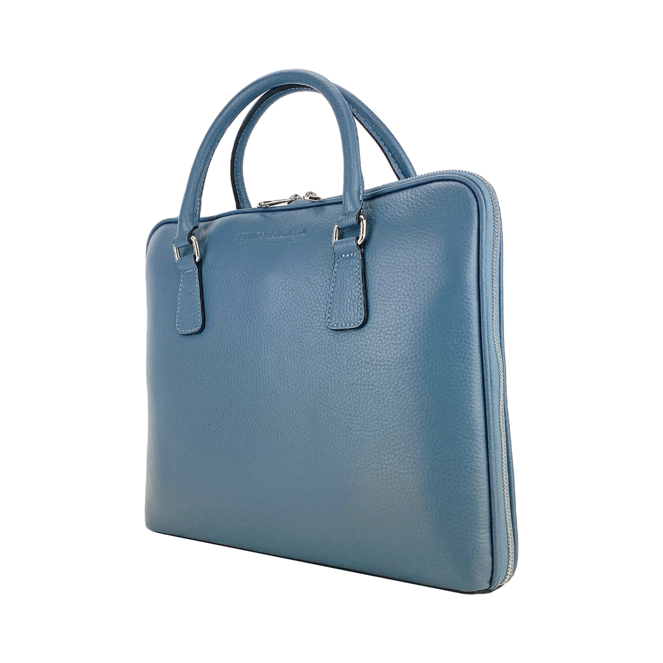 RB1019P | Cartella Business Unisex in Vera Pelle Made in Italy con tracolla removibile. Attacchi con moschettoni in metallo Nickel Lucido - Colore Avio - Dimensioni: cm 37 x 29 x 6,5-4