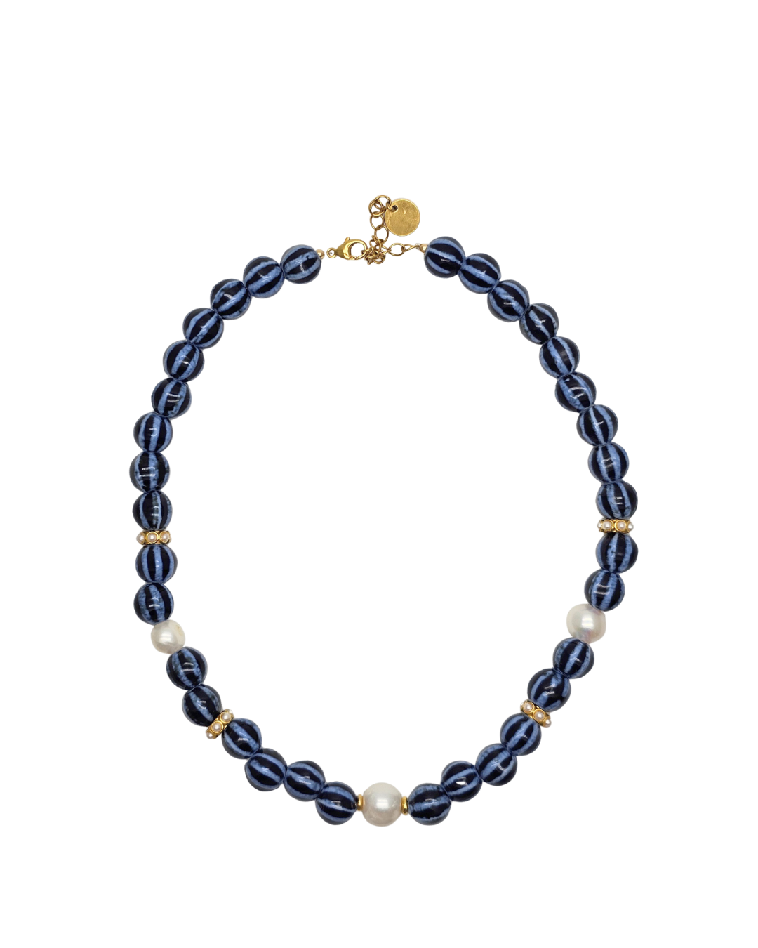 Blue pearl necklace with gold accents on a white background