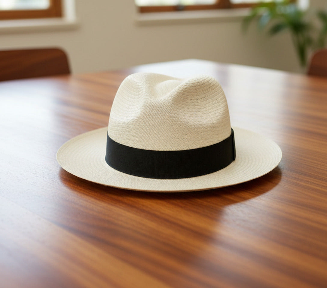 Beige straw hat with a black band on a dark brown table