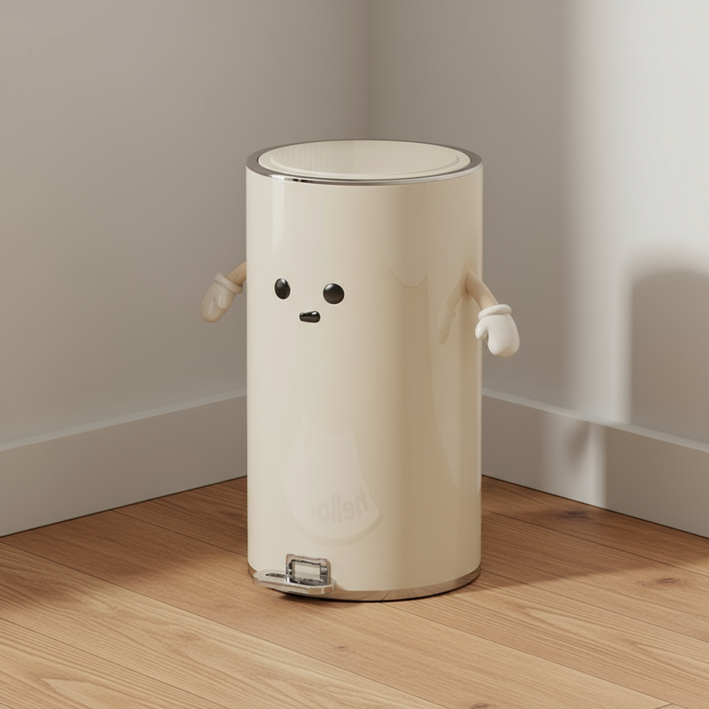 Beige trash can with cartoonish face and arms in a corner on timber floor