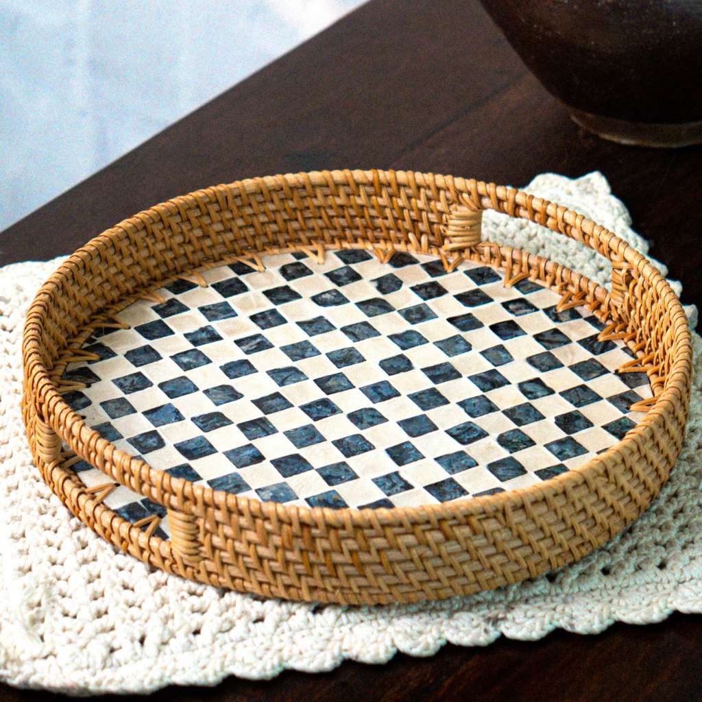 Drift – Rattan &amp; Mother of Pearl Serving Tray - Multiple Sizes