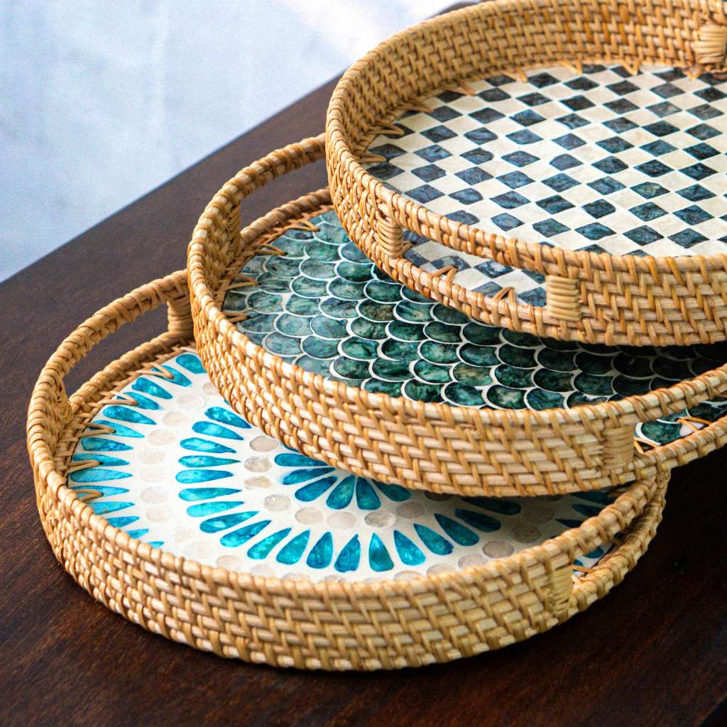 Cascade – Rattan &amp; Mother of Pearl Serving Tray - Multiple Sizes