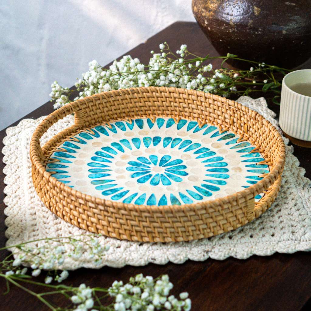 Ripple – Rattan &amp; Mother of Pearl Serving Tray - Multiple Sizes