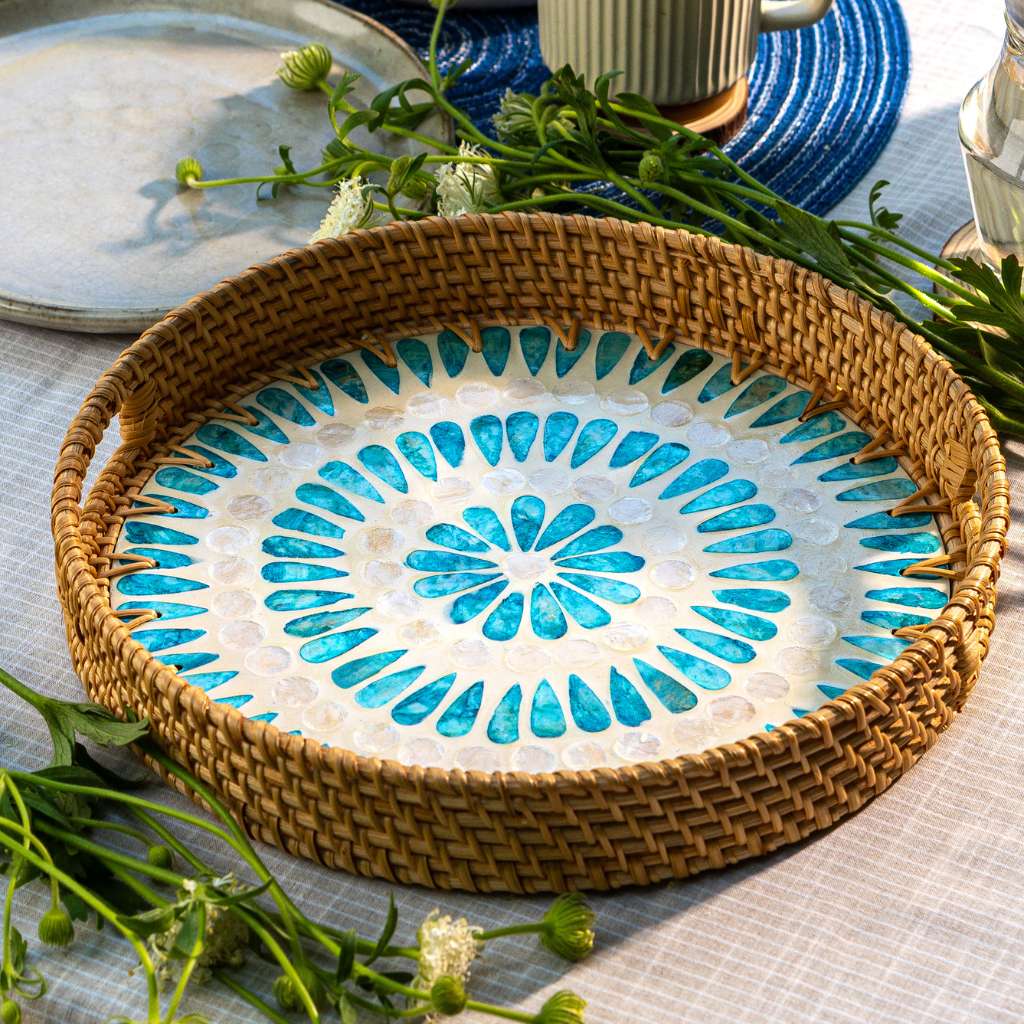 Ripple – Rattan &amp; Mother of Pearl Serving Tray - Multiple Sizes