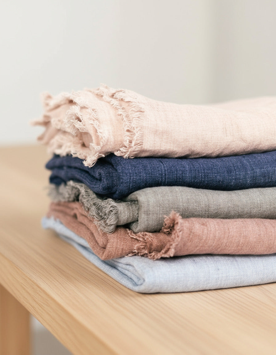 Stack of folded fabric swatches in various colors on a white background