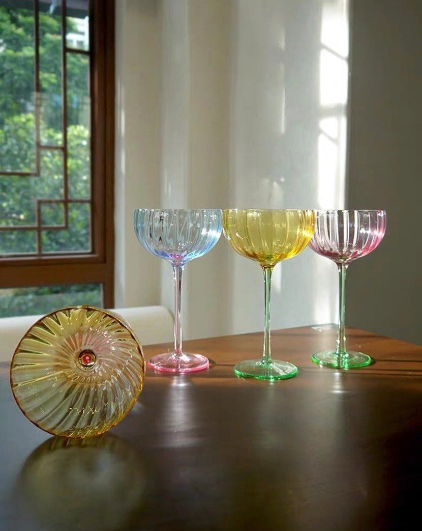 Hand Blown Retro Pastel Coloured Cocktail Glasses Coupe Set of 4 -1