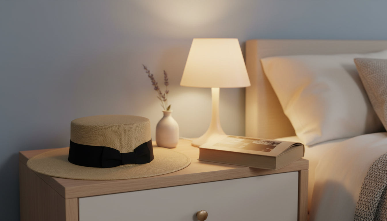 Hat on a nightstand next to a lamp and books near a bed with pillows.