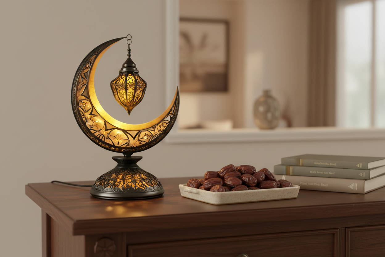 Crescent Moon & Lantern Tabletop Décor – Warm Yellow Light