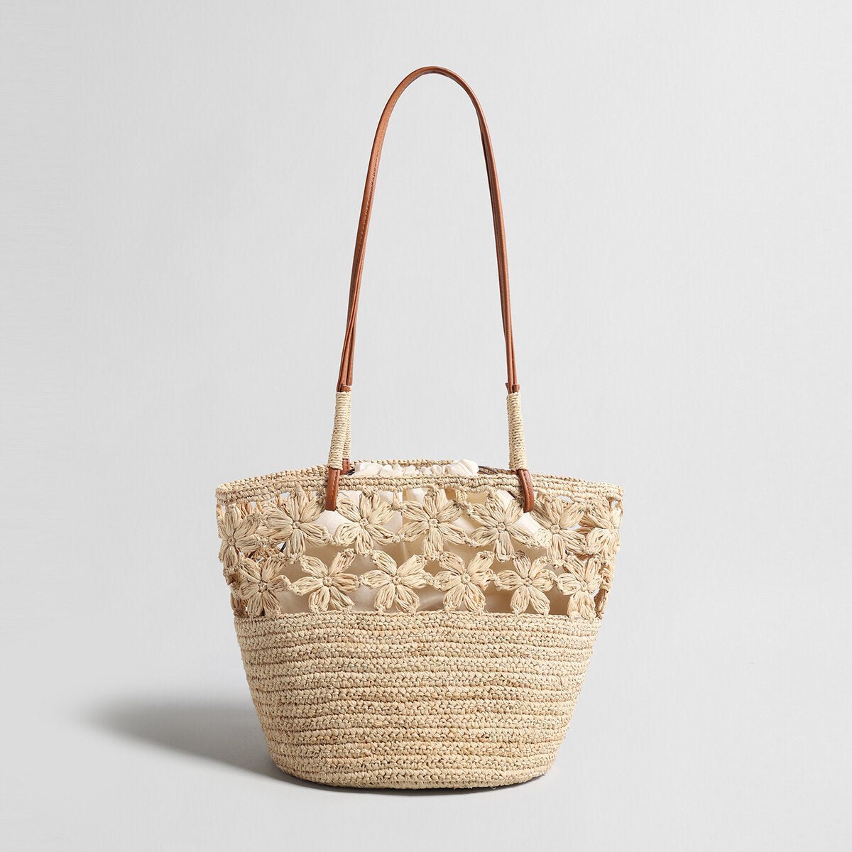 Floral Crochet Woven Straw Tote Bag