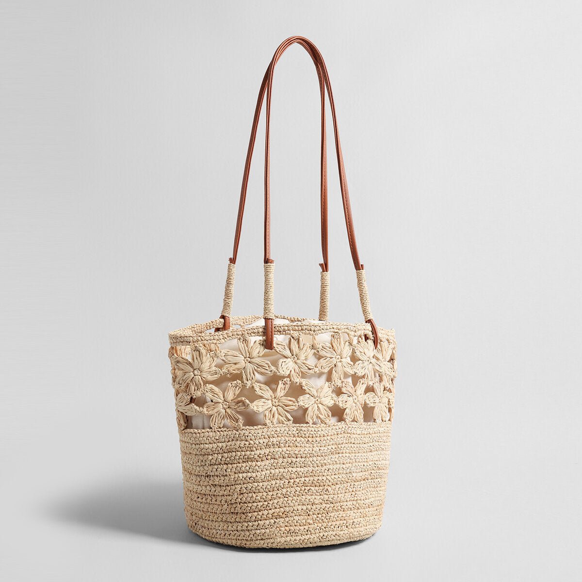 Floral Crochet Woven Straw Tote Bag