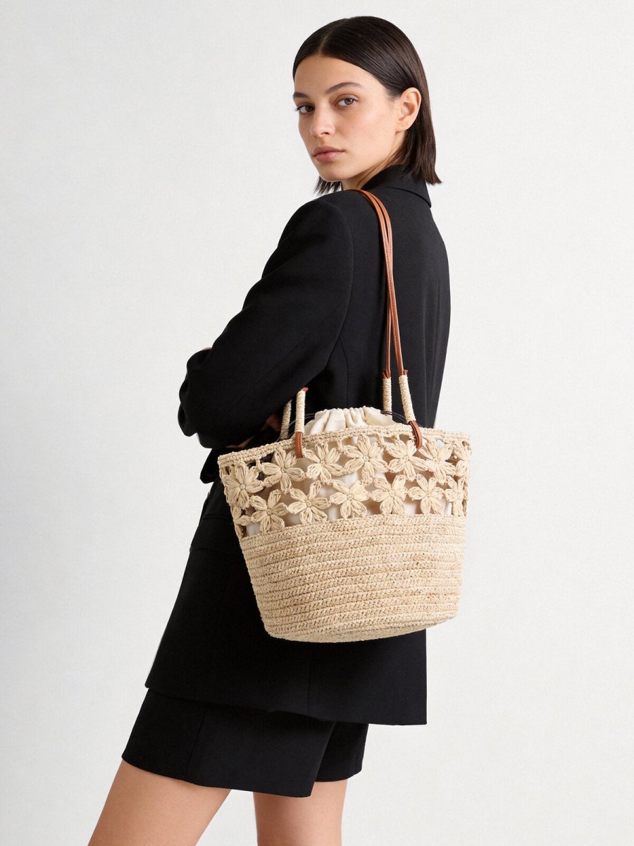 Floral Crochet Woven Straw Tote Bag