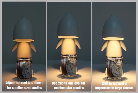 Three stages of a candle lamp with different brightness settings on a dark background.