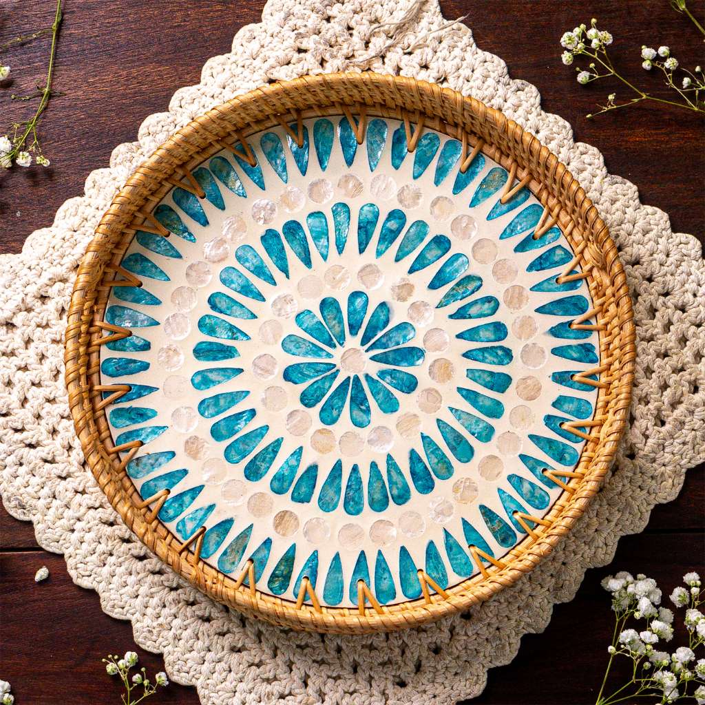 Ripple – Rattan &amp; Mother of Pearl Serving Tray - Multiple Sizes