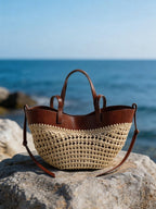 Handwoven Straw & Leather Tote Bag